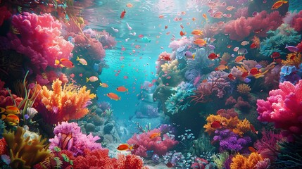 Submerged Beauty: Vibrant Coral Reef with Diverse Marine Life in Crystal-Clear Tropical Waters, an Underwater Wonderland