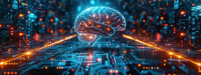 Fototapeta premium Brain decorated with blue glowing electrical circuits.