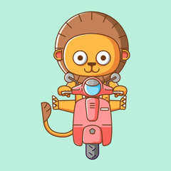 Cute lion riding scooter animal kawaii chibi character mascot illustration outline style design