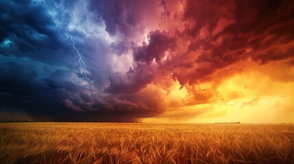 Obraz premium Majestic Thunderstorm: Nature's Power Unleashed in Golden Wheat Field