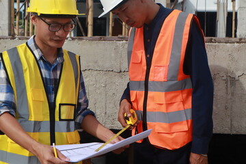 A team of engineers inspects beam work and installs concrete pillars according to the blueprint.
