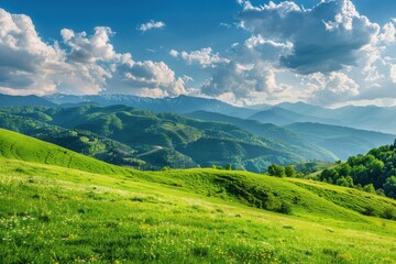 Fototapeta premium Stunning panorama of green grassy hills and valleys of mountain range on a sunny summer day. Concept of nature, landscape, travel, hiking, and adventure.