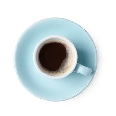 Tasty coffee in cup isolated on white, top view