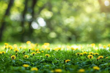 Fototapeta premium Field of bright yellow dandelions in bloom during springtime. Scenic landscape with lush green grass and bokeh background. Concepts of nature, beauty, growth, and new beginnings.
