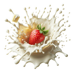 A strawberry is in a milke splash on a transparent background 