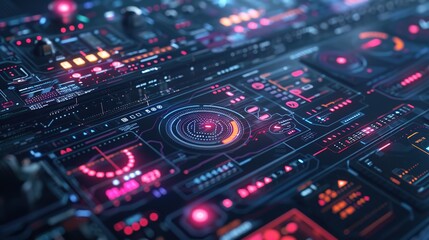 Obraz premium Futuristic High-Tech Interface with Data and Holographic Elements on Dark Background