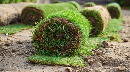 Fresh grass rolls prepared for garden turf installation