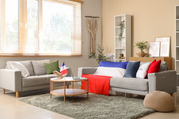 Interior of living room with French flags, sofas and table