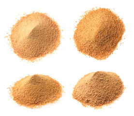 Heaps of coconut sugar isolated on white, set