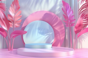 Empty round podium surrounded by pink holographic palm leaves for product placement. Concept of beauty, fashion, cosmetics, and tropical vibes.