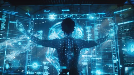 Futuristic 3D Holographic Projection of Human Body with Digital Interface Elements