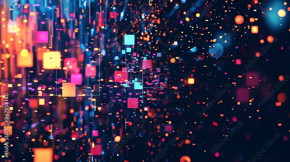 Aufkleber An abstract background image featuring a digital data stream composed of colorful squares and circles. Generative AI