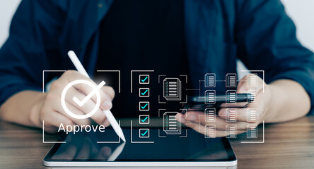 Data approve online and Review online. Document audit inspection, business asset analysis concept. Man inspects data, file check checklist online survey. Efficient document form project 