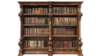 Wooden book shelve with books on transparent background