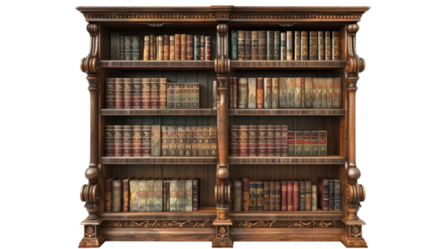 Wooden book shelve with books on transparent background