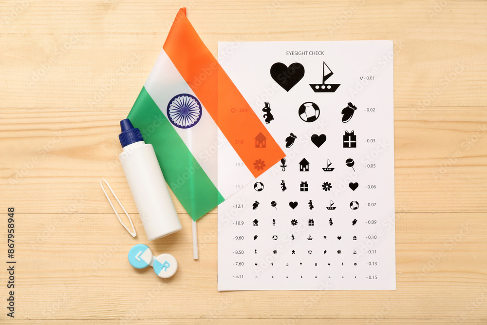 Poster eye test chart, contact lenses, solution and flag of india on wooden background. national doctor's d