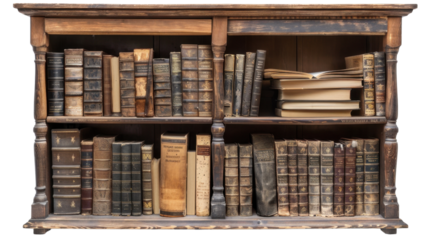 Wooden book shelve with books on transparent background