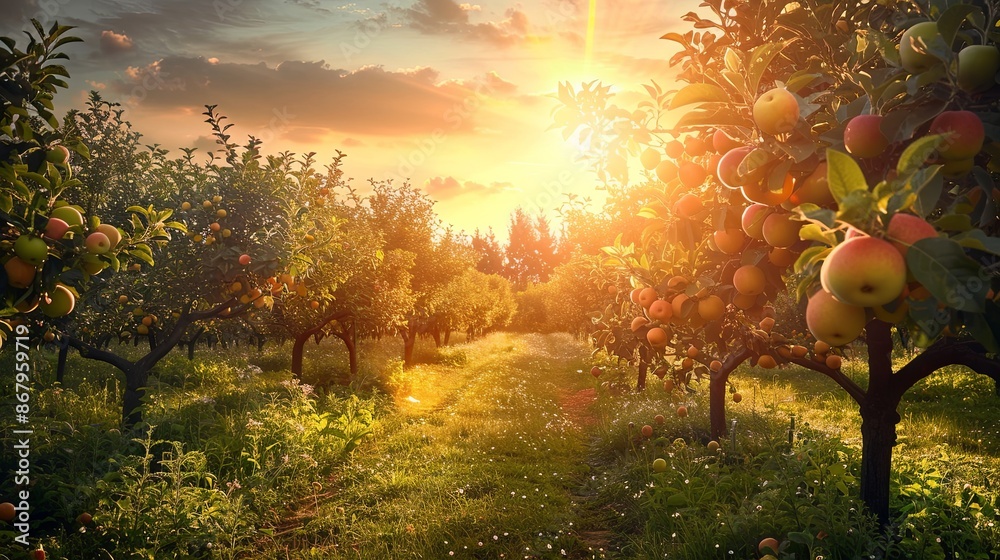 Poster a beautiful image of an apple orchard at sunset, with the sun shining through the trees and highligh