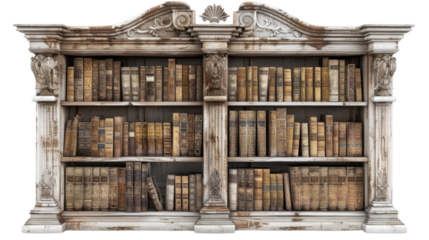 Wooden book shelve with books on transparent background