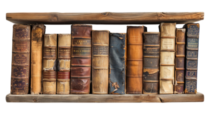 Wooden book shelve with books on transparent background