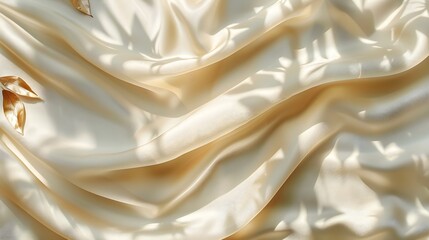 Obraz premium Beige satin fabric texture background with shadow of leaves. Top view flat lay