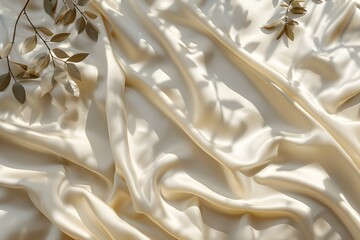 Obraz premium Beige satin fabric texture background with shadow of leaves. Top view flat lay