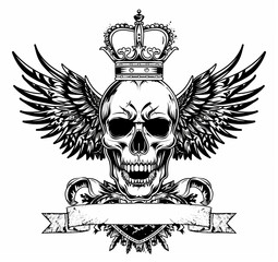 Obraz premium Dark Fantasy Royal Emblem with Crowned Skull and Majestic Wings Black and White.Generative AI ダークファンタジーの王室紋章 王冠スカルと荘厳な翼 モノクロ