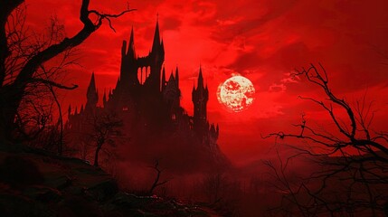 Fototapeta premium Eerie Silhouettes of Castle Towers Against a Blood-Red Sunset