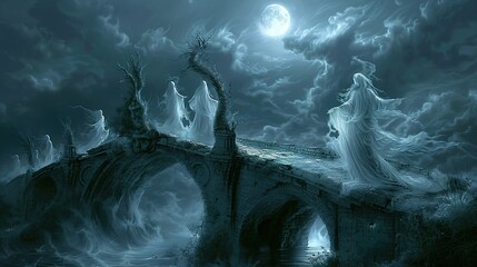 Fototapeta premium Eerie Spectres Waltzing under Moonlight on Haunted Bridge