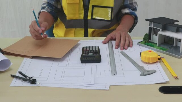 A male engineer inspects a structural model of a house at his workstation, ensuring compliance with design specifications and safety standards.