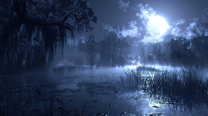 Fototapeta premium Eerie Mist Blanketing Moonlit Swamp - A Spooky Night in Nature