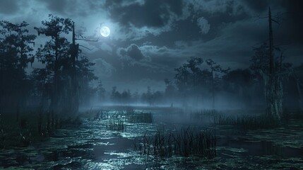 Enigmatic Mist Blanketing Moonlit Swamp at Night