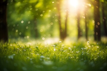 Sunlight in the green forest. Beautiful nature background with sunlight.