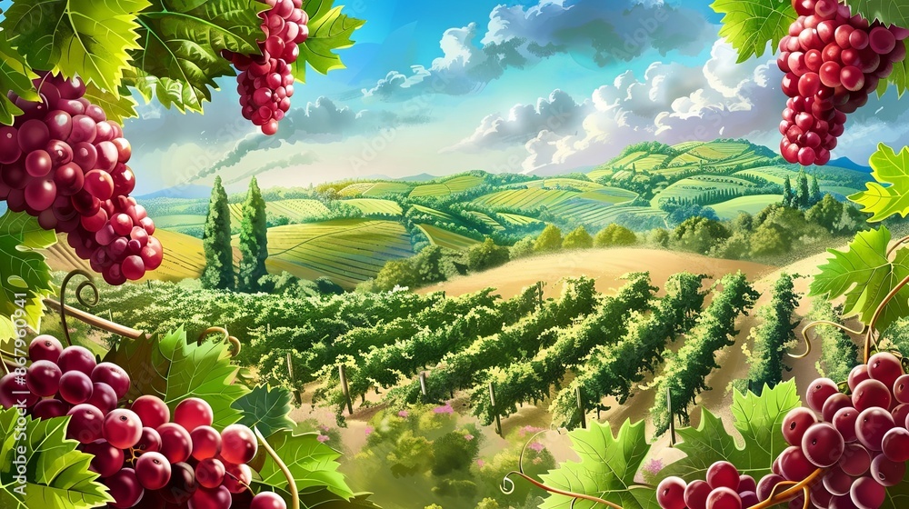 Poster a scenic image of a vineyard with lush green vines and clusters of ripe grapes. the background shows