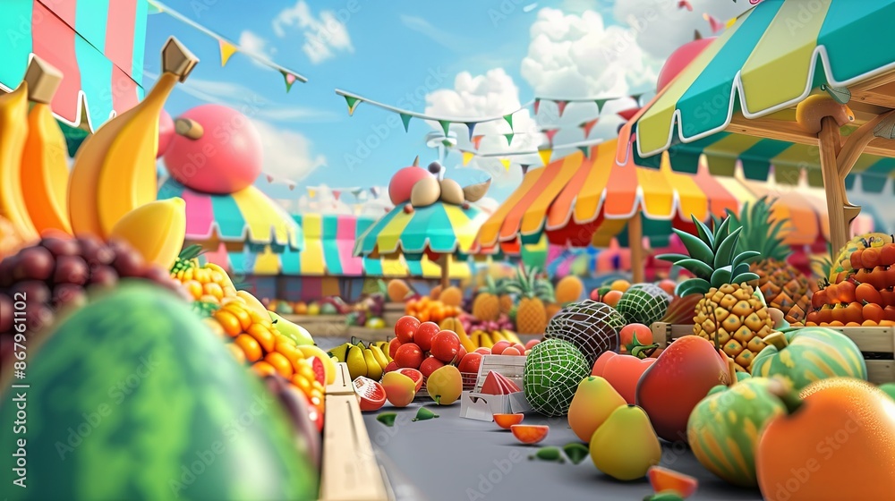 Aufkleber a vibrant, cartoon-style fruit market stall with an array of fresh fruits and vegetables on display.