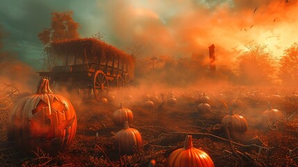 Spooky Haunted Hayride Adventure in Misty Pumpkin Patch on Halloween Night