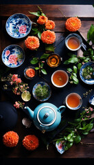 tea cup, tea pot, still life, rustic table, flowers, plants, botanical, floral arrangement, tea time, afternoon tea, teapot, ceramic, beverage, hot drink, tea ceremony, tea leaves, tea set, decorative