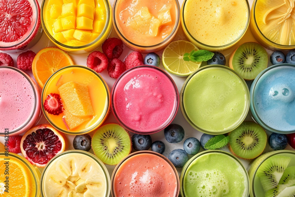 Poster A variety of colorful smoothies and fresh fruit are arranged on a white surface. Generative AI