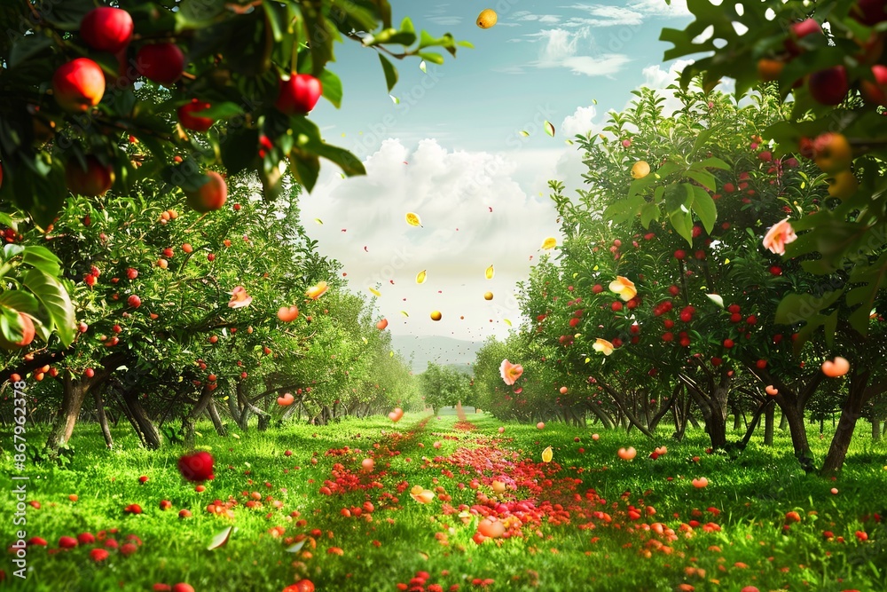 Poster a picturesque view of an apple orchard with red apples and yellow leaves falling to the ground. gene