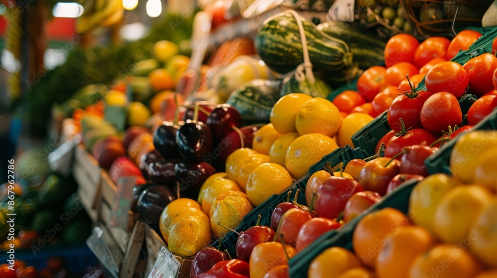 Poster a vibrant display of fresh fruits and vegetables at a market stall, showcasing a diverse selection o