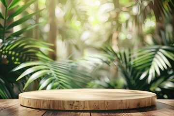 Obraz premium Empty wooden podium or platform in tropical rainforest for product display. Concept of nature, sustainability, and organic products.