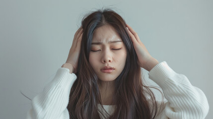 Fototapeta premium Young woman with long hair pulling her head in pain, feeling stressed and depressed