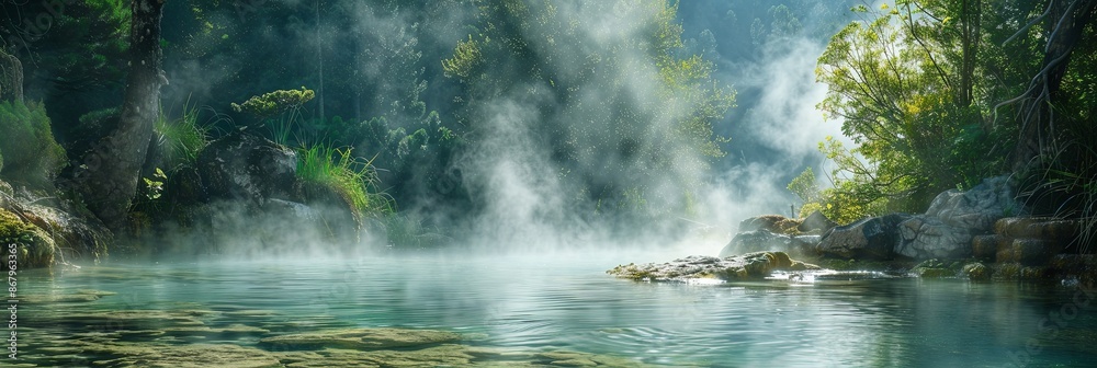 Poster A serene image of a hot spring pool surrounded by verdant foliage and billowing mist, creating a magical and peaceful atmosphere. Generative AI