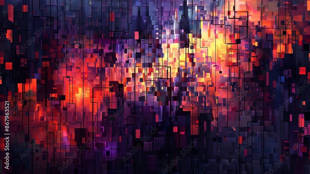 Poster A vibrant, digital abstract artwork featuring a layered grid of colorful blocks and lines. Generative AI