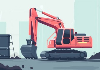 Red Excavator Illustration at Construction Site