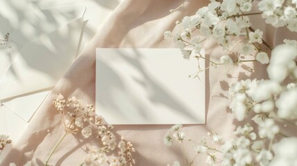 Wedding stationery mockup with blank card on romantic table flowers and envelope nearby