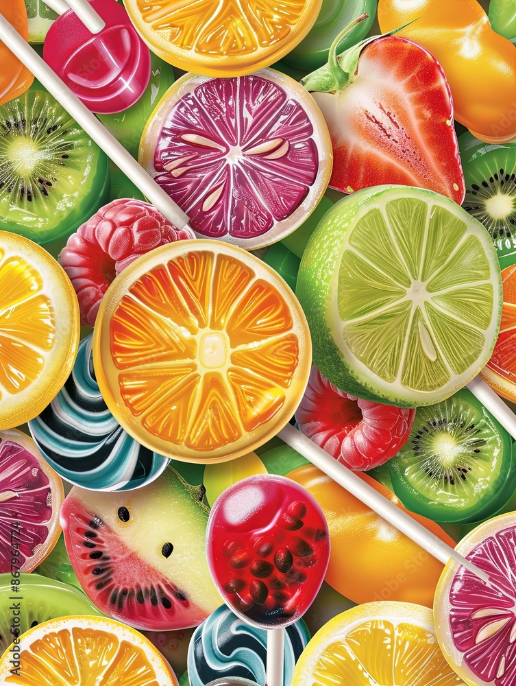Poster A close-up image of colorful fruit slices and lollipops arranged together on a green background. Generative AI