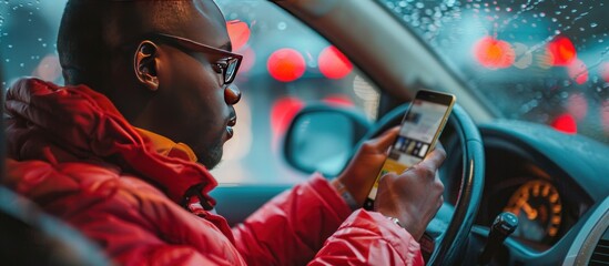 Man Using Phone While Driving in Rain