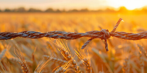 Golden sunset over rural wheat field with barbed wire fence