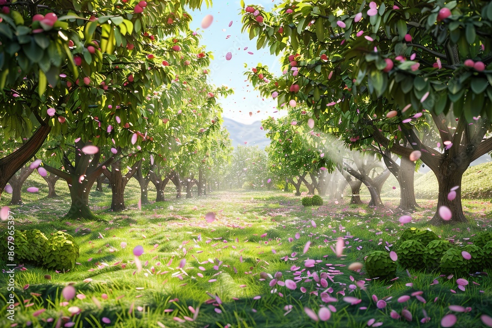 Poster a picturesque view of a peach orchard in the springtime, with sunlight streaming through the trees a